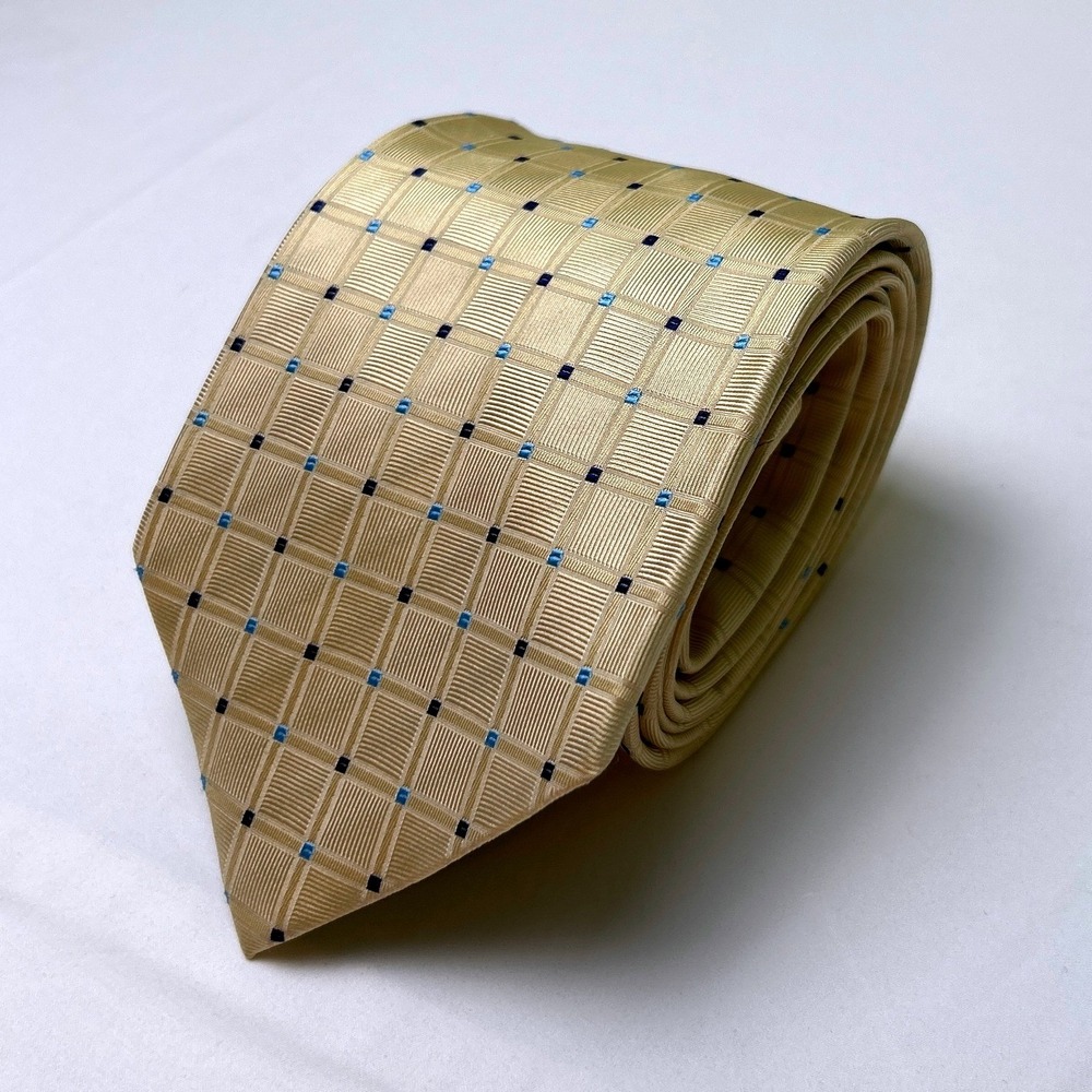 Preswick & Moore Mens Silk Geometric Grid Dobby Necktie OS Gold Navy Blue Formal